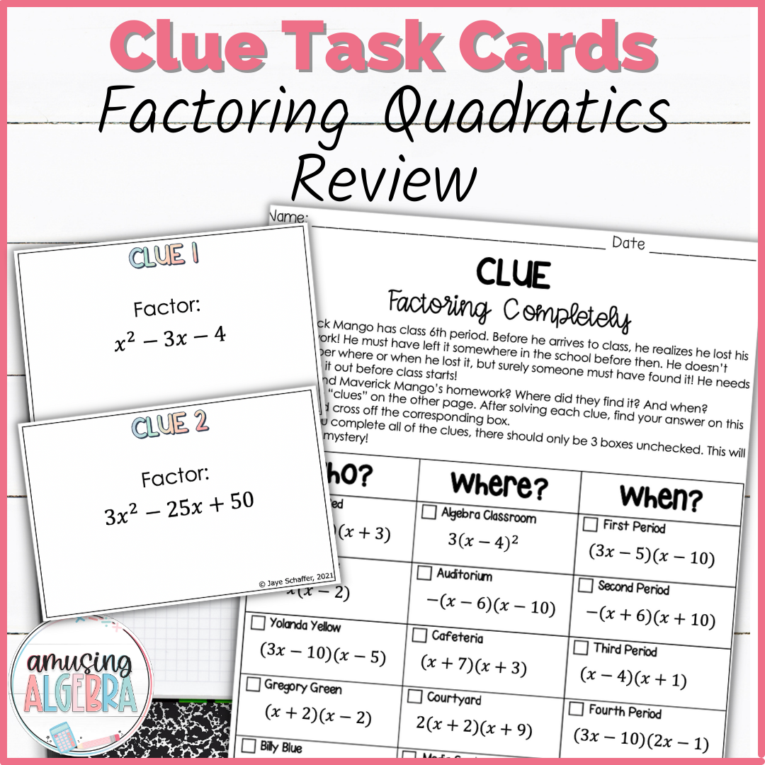 Factoring Quadratics Review Clue Mystery Task Cards Activity