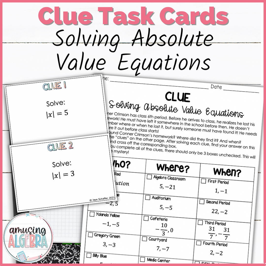 Solving Absolute Value Equations Clue Mystery Task Cards Activity