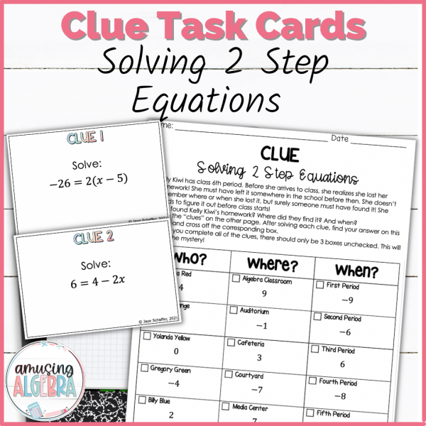 Solving 2 Step Equations Clue Mystery Task Cards Activity | Made By ...
