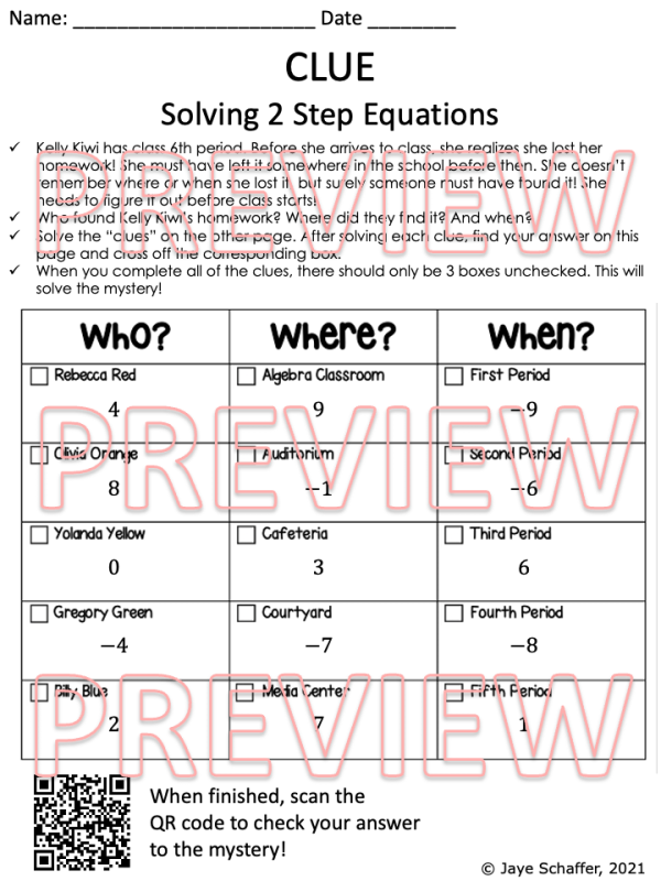 Solving 2 Step Equations Clue Mystery Task Cards Activity | Made By ...