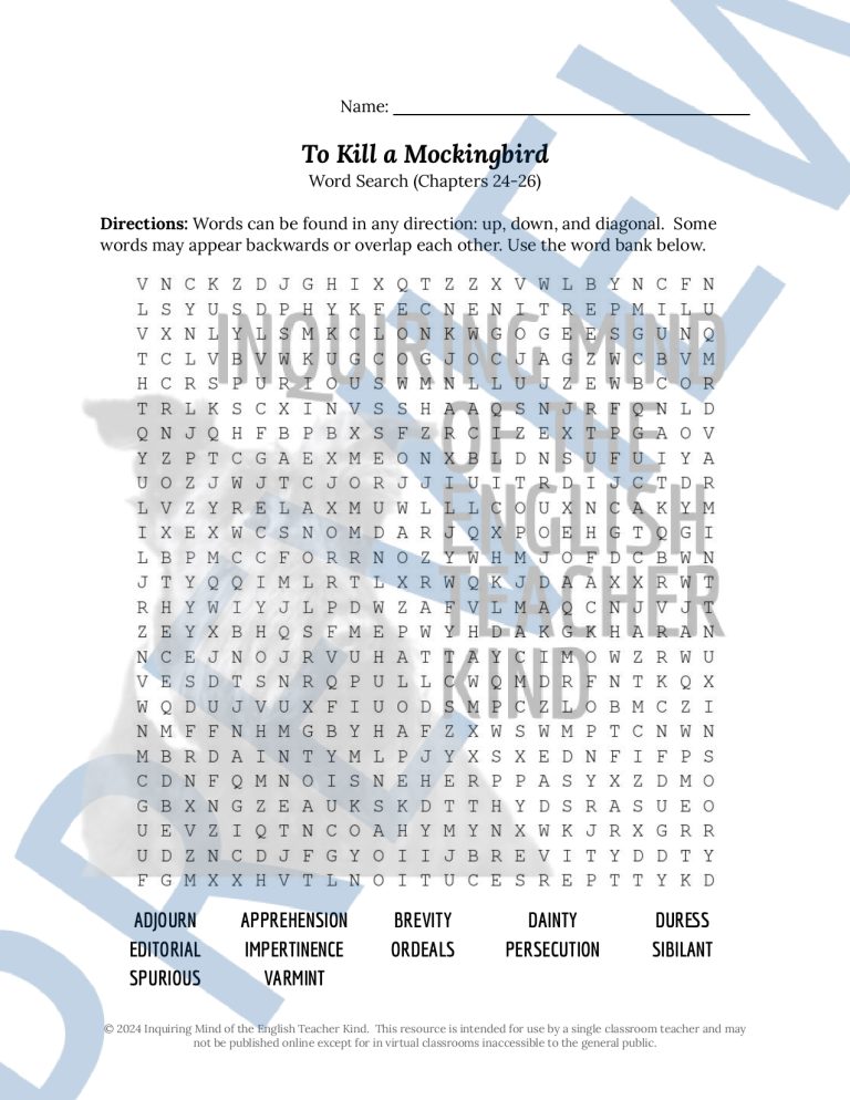 To Kill a Mockingbird Chapters 24-26 Quizzes, Inference Worksheets, and ...