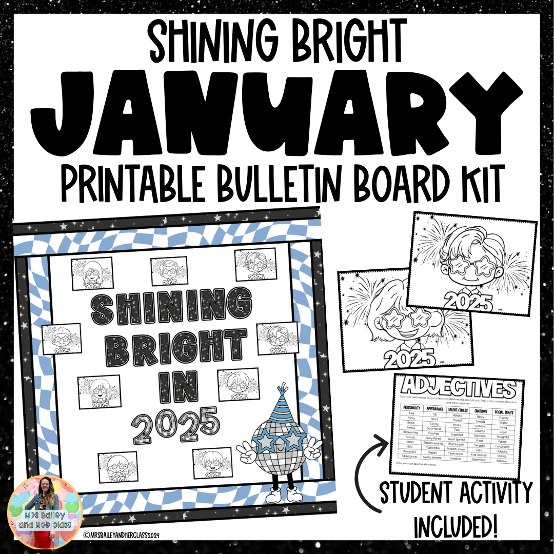 2025 Bulletin Board Kit – January Classroom Decor & Adjective Portrait Activity