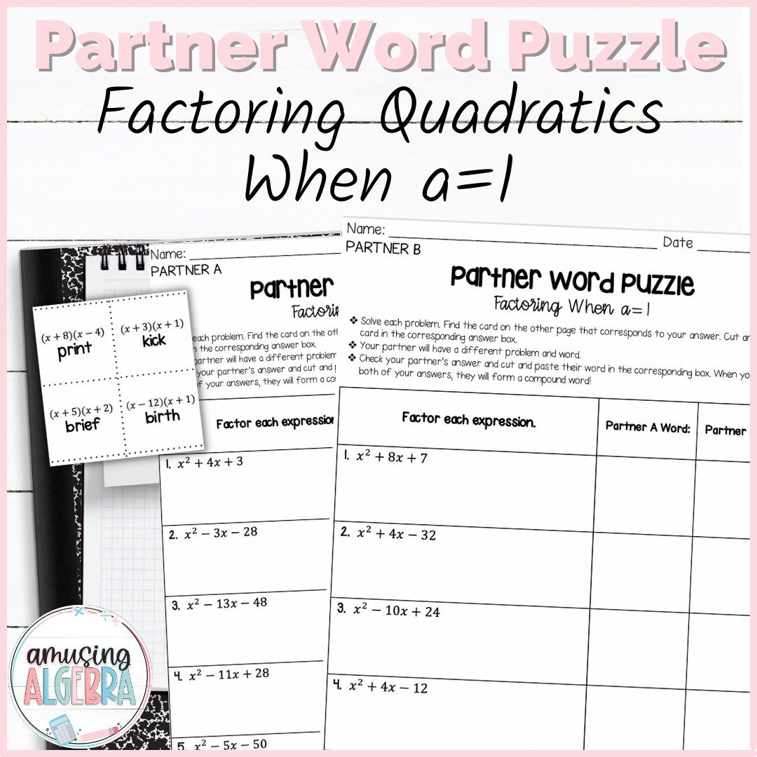 Factoring Quadratics When a=1 Partner Mystery Word Puzzle