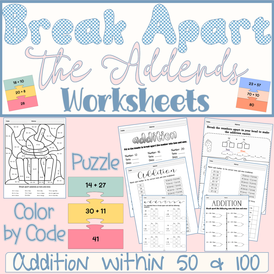 Break Apart Addends as Tens and Ones Worksheet Puzzle Color by Code - 2 Digit