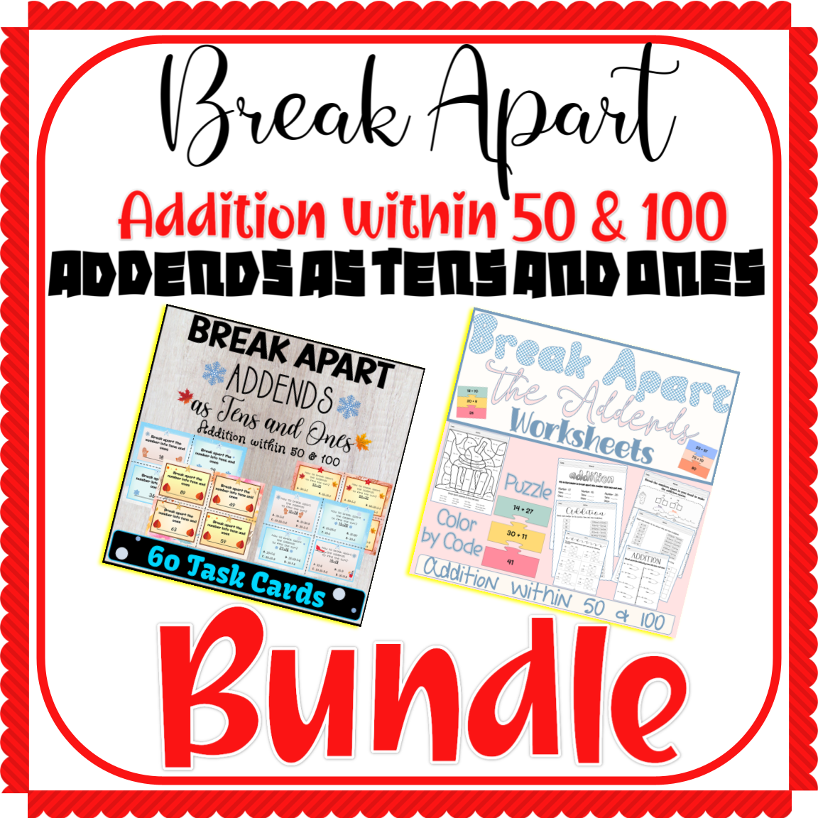 Break Apart Addends as Tens and Ones Worksheet, Puzzle, Color by Code,Task Cards