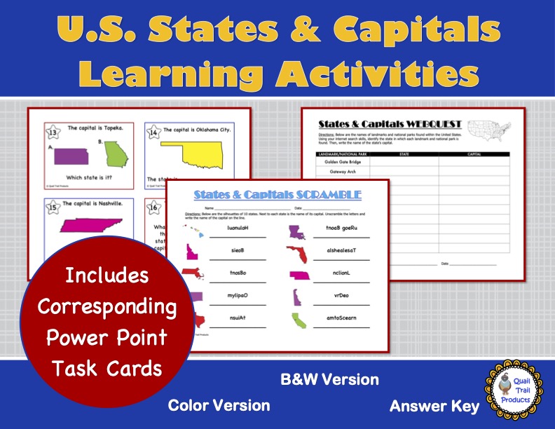 U.S. States and Capitals Worksheets and Task Cards