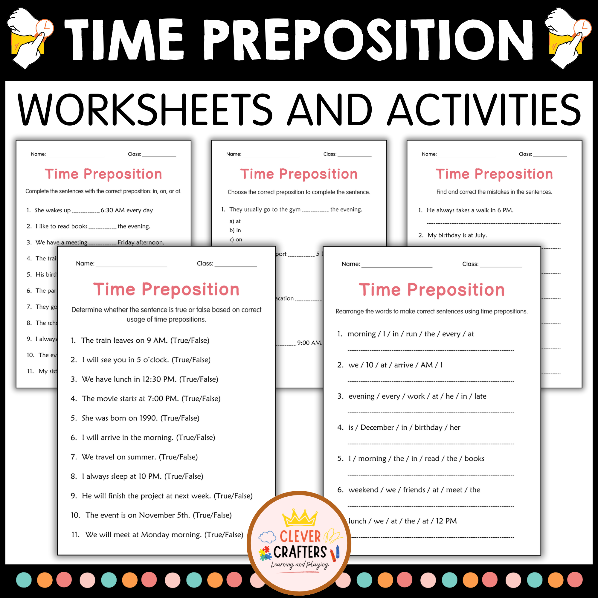 Printable Preposition of Time In On or At Worksheets for Grade 1, 2, 3