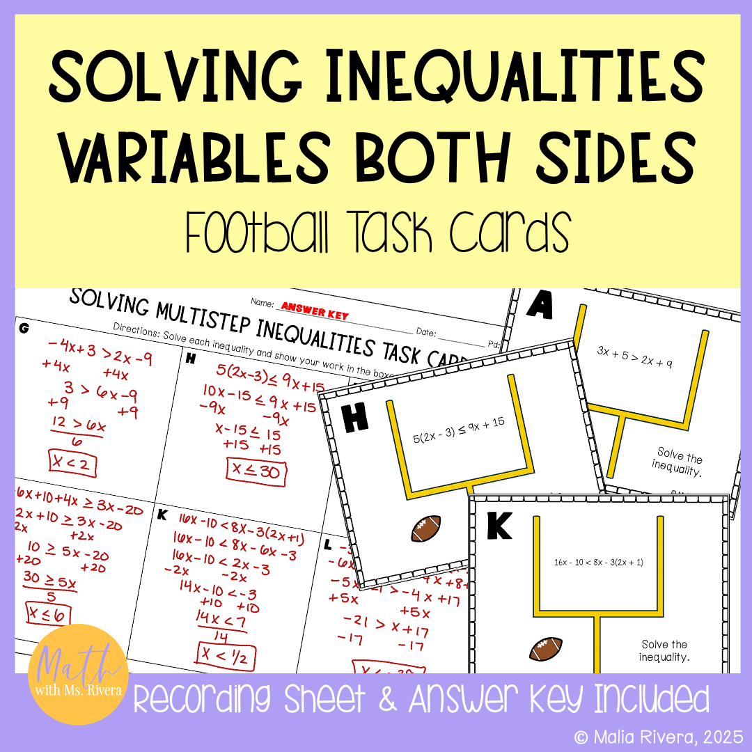 Solving Multi Step Inequalities Variables Both Side Football Task Cards Algebra
