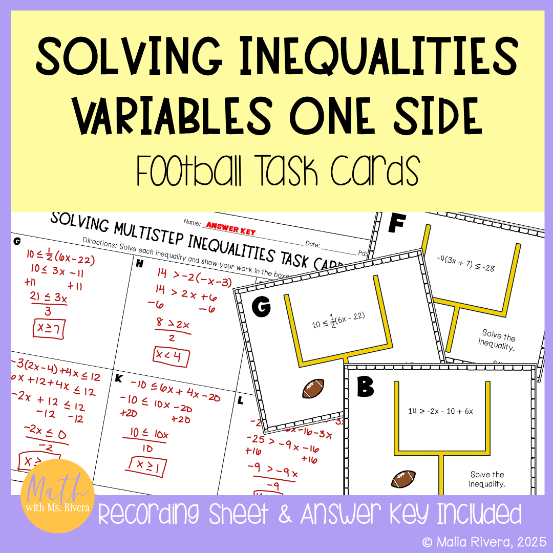 Solving Multi Step Inequalities Variables One Side Football Task Cards 8th Grade
