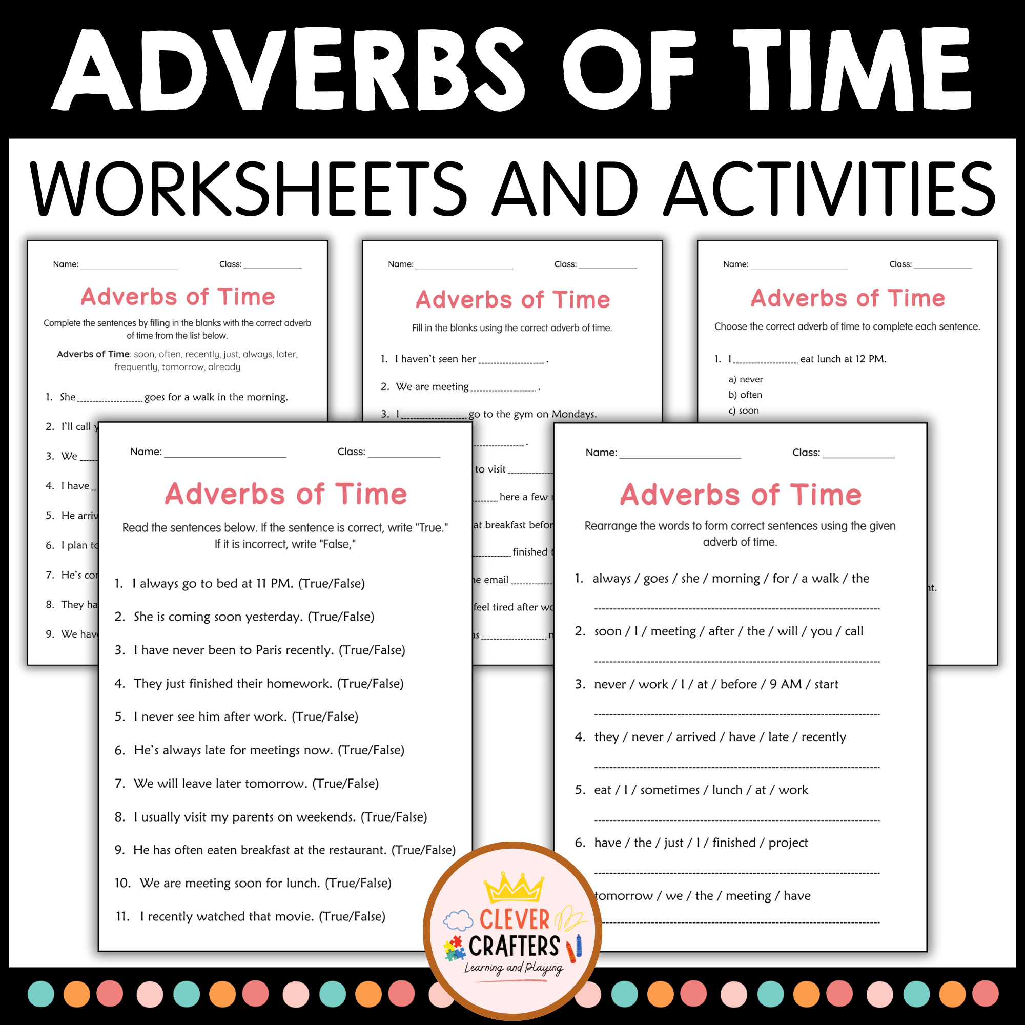 Printable Adverbs of Time Grammar Worksheets for Grade 1, 2, 3