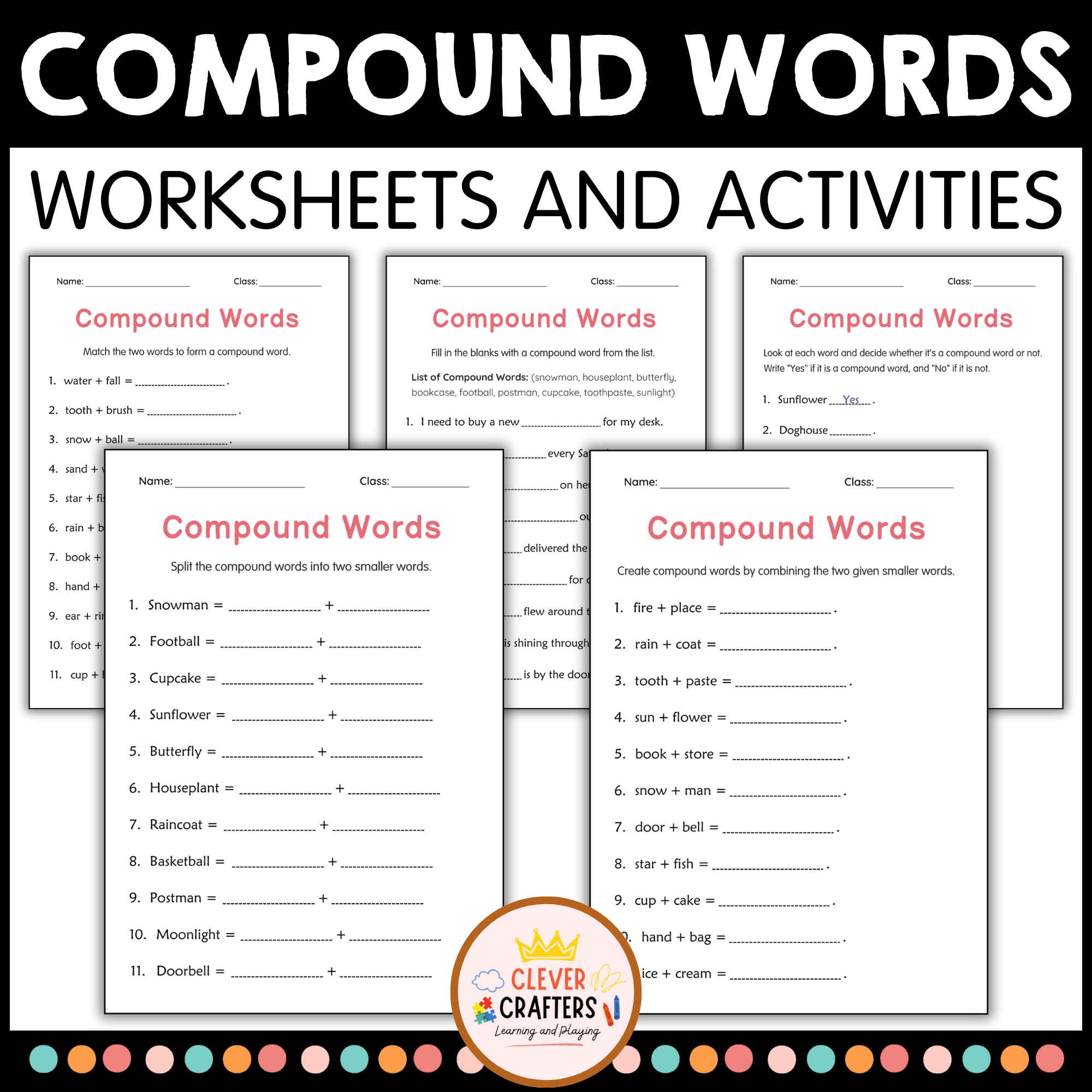 Printable Compound Words Grammar Worksheets and Activities for Grade 1, 2, 3