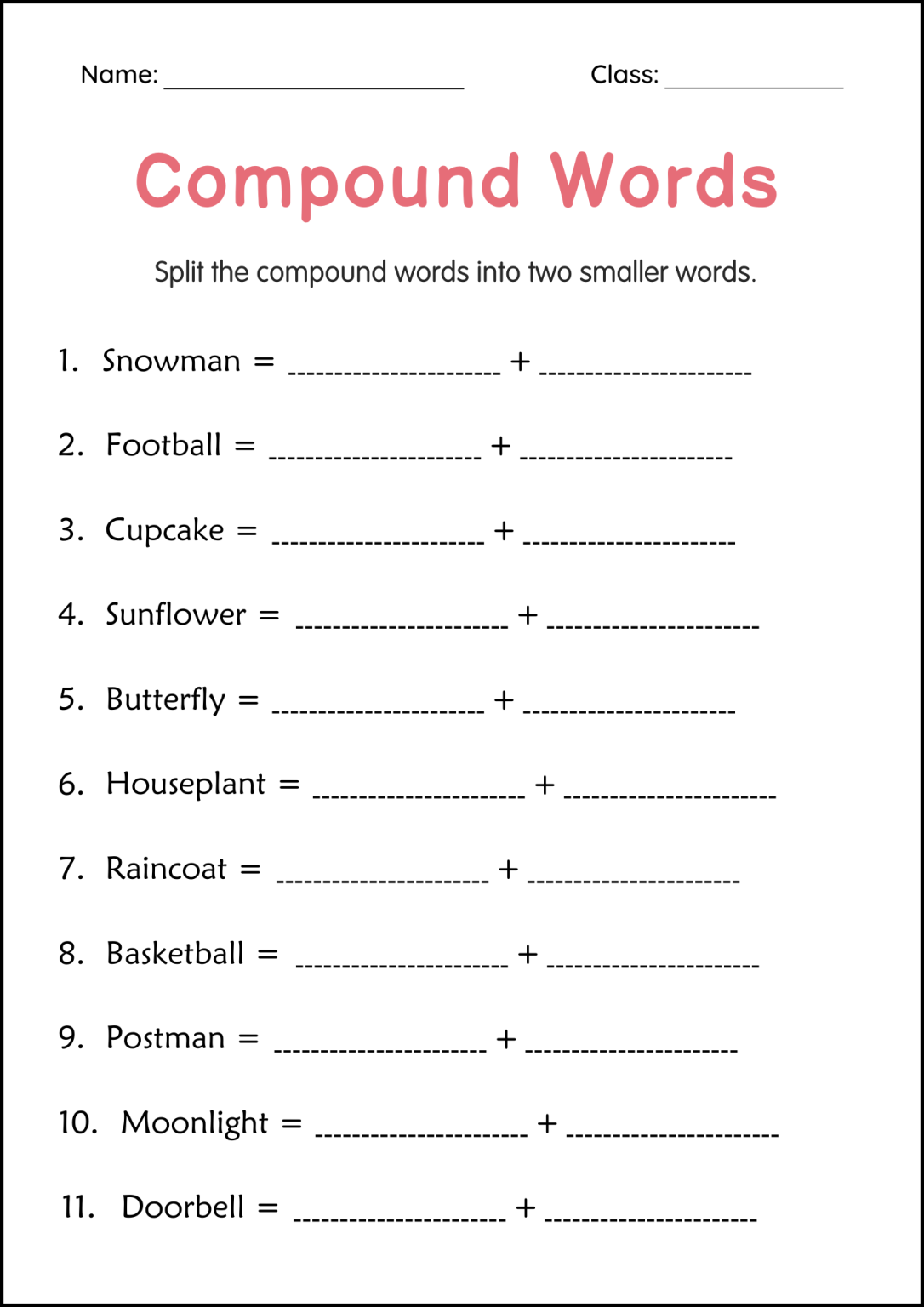 Printable Compound Words Grammar Worksheets and Activities for Grade 1 ...