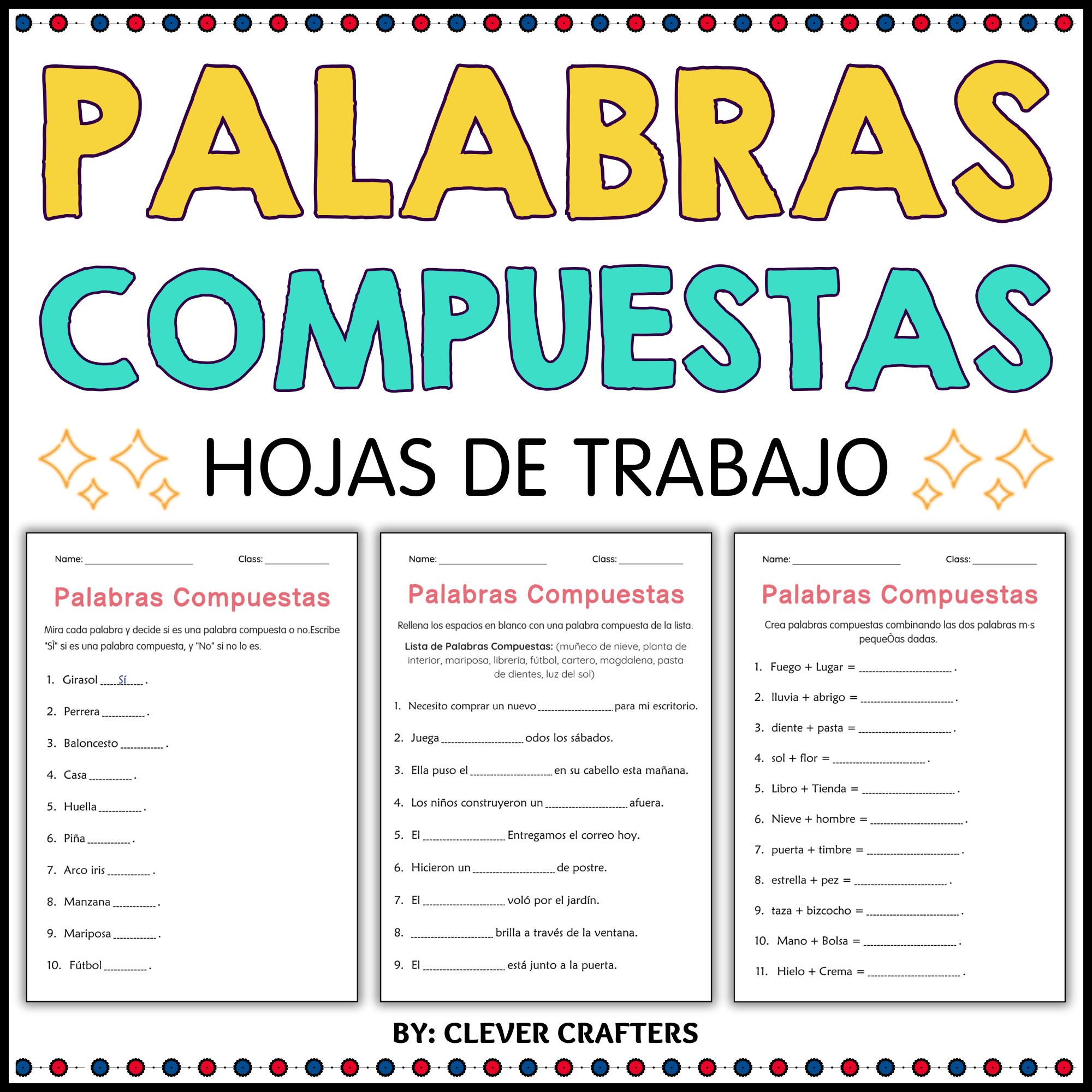 Compound Words Worksheets in Spanish - Hojas de Trabajo de Palabras Compuestas