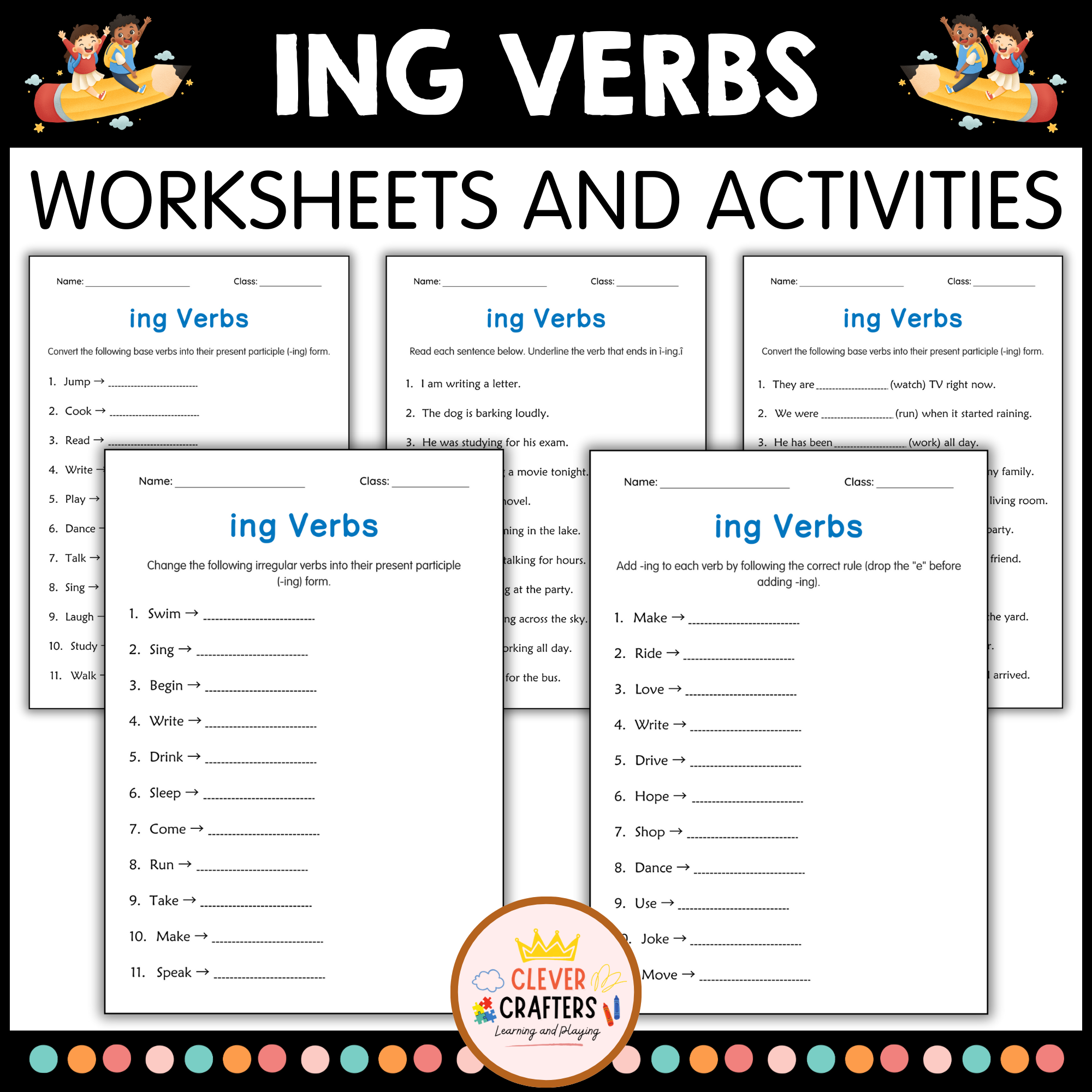 Printable Adding ing to Verbs Grammar Worksheet and Activity for Grade 1, 2, 3