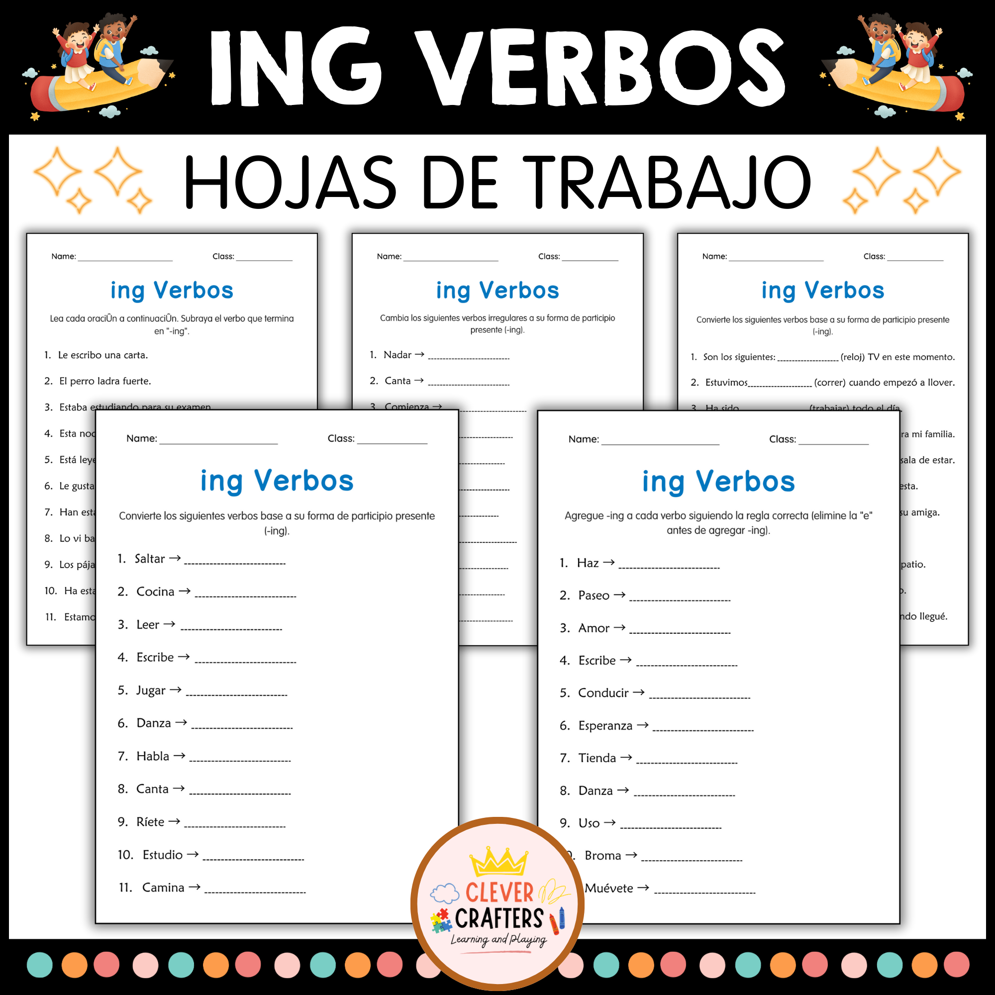 Adding ing to Verbs Grammar Worksheet in Spanish - Hoja de Trabajo de Verbos