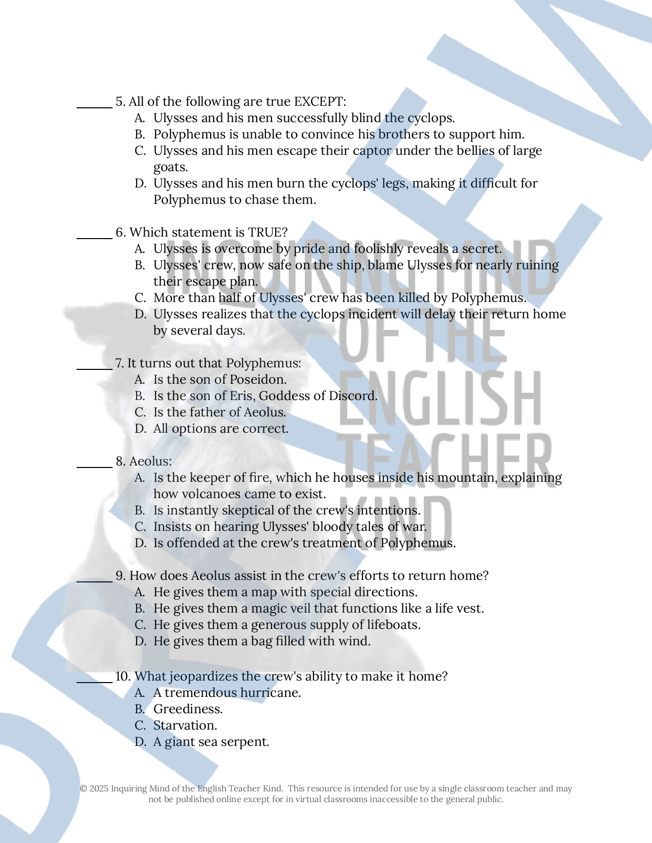 The Adventures of Ulysses by Bernard Evslin Quiz and Answer Key Bundle ...