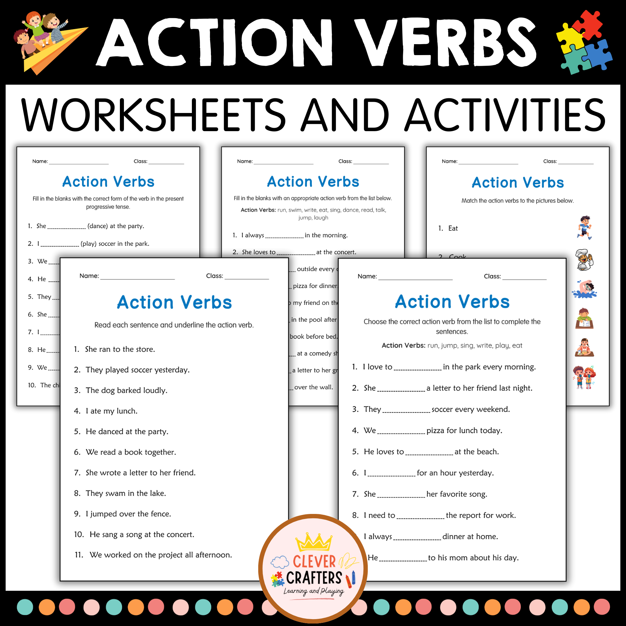 Printable Sentences Action Verbs Grammar Activity Worksheets for Grade 1, 2, 3