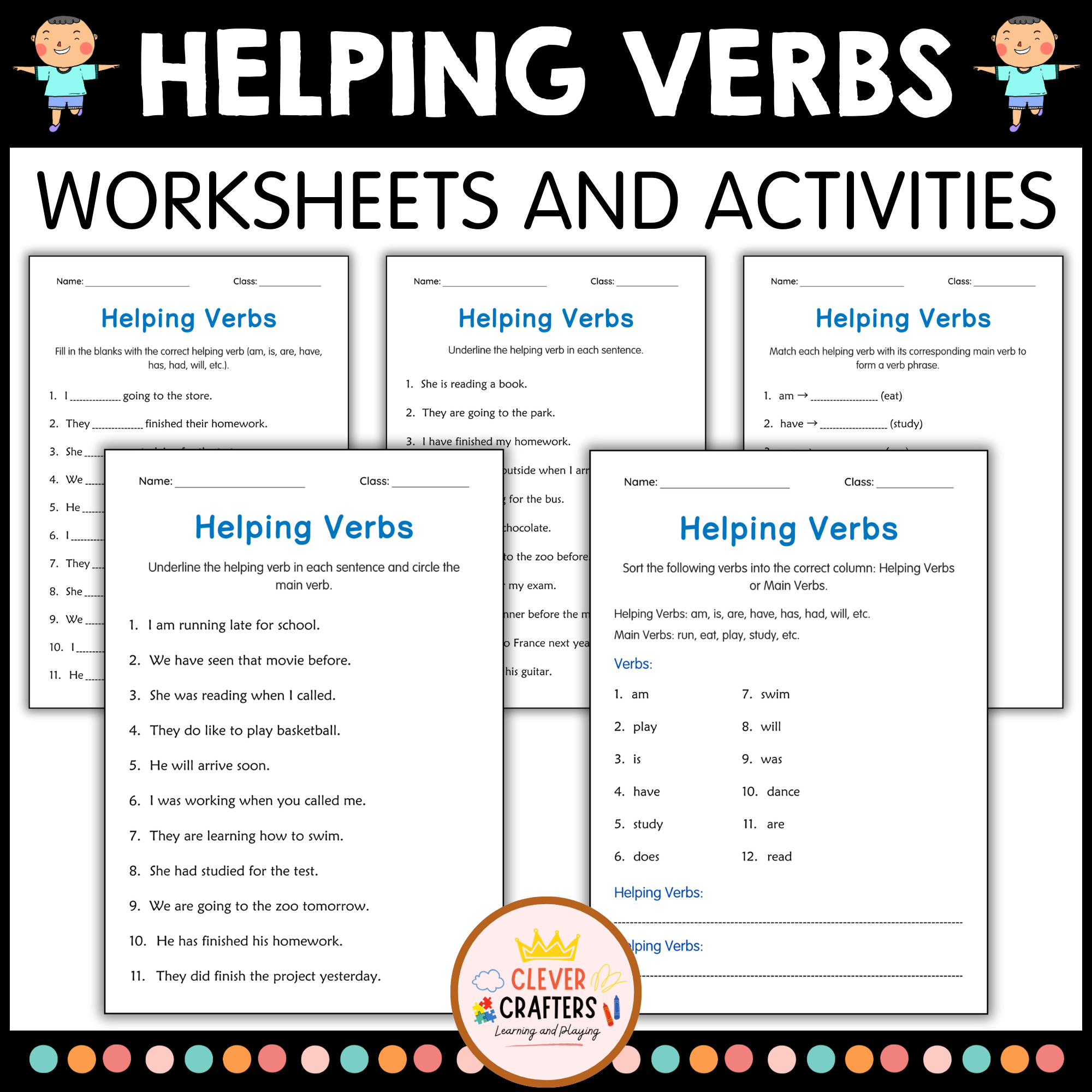 Helping Verbs Grammar Practice Activity Worksheet for Grade 1 – Auxiliary Verbs
