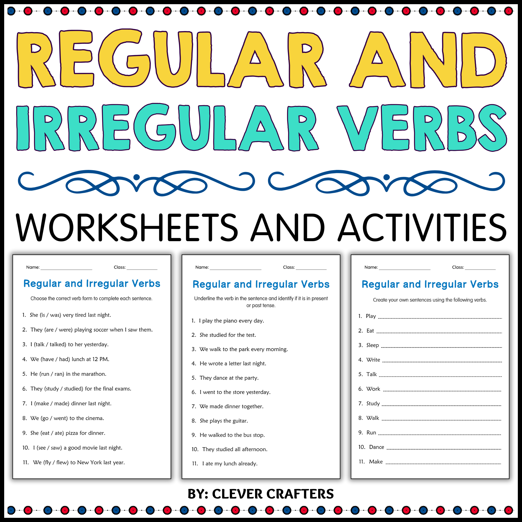 Simple Past Regular and Irregular Verbs Grammar Worksheets for Grade 1, 2, 3