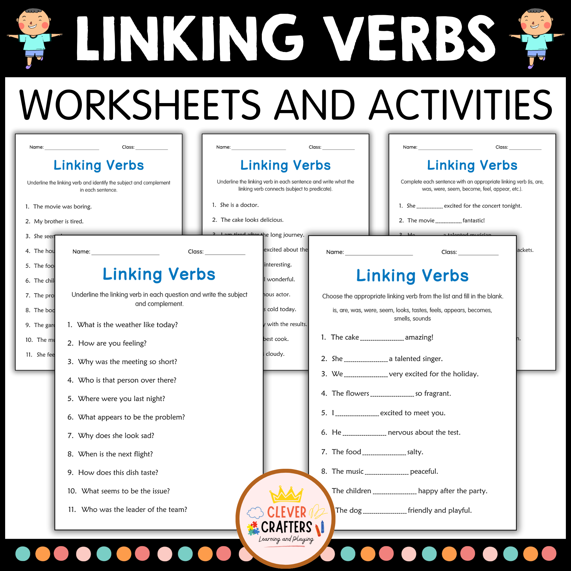 Linking Verbs Grammar Worksheets - Linking Verbs Activities for Grade 1, 2, 3