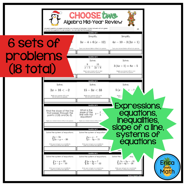 Algebra Review Digital Christmas Activity | Choose Two | Made By Teachers