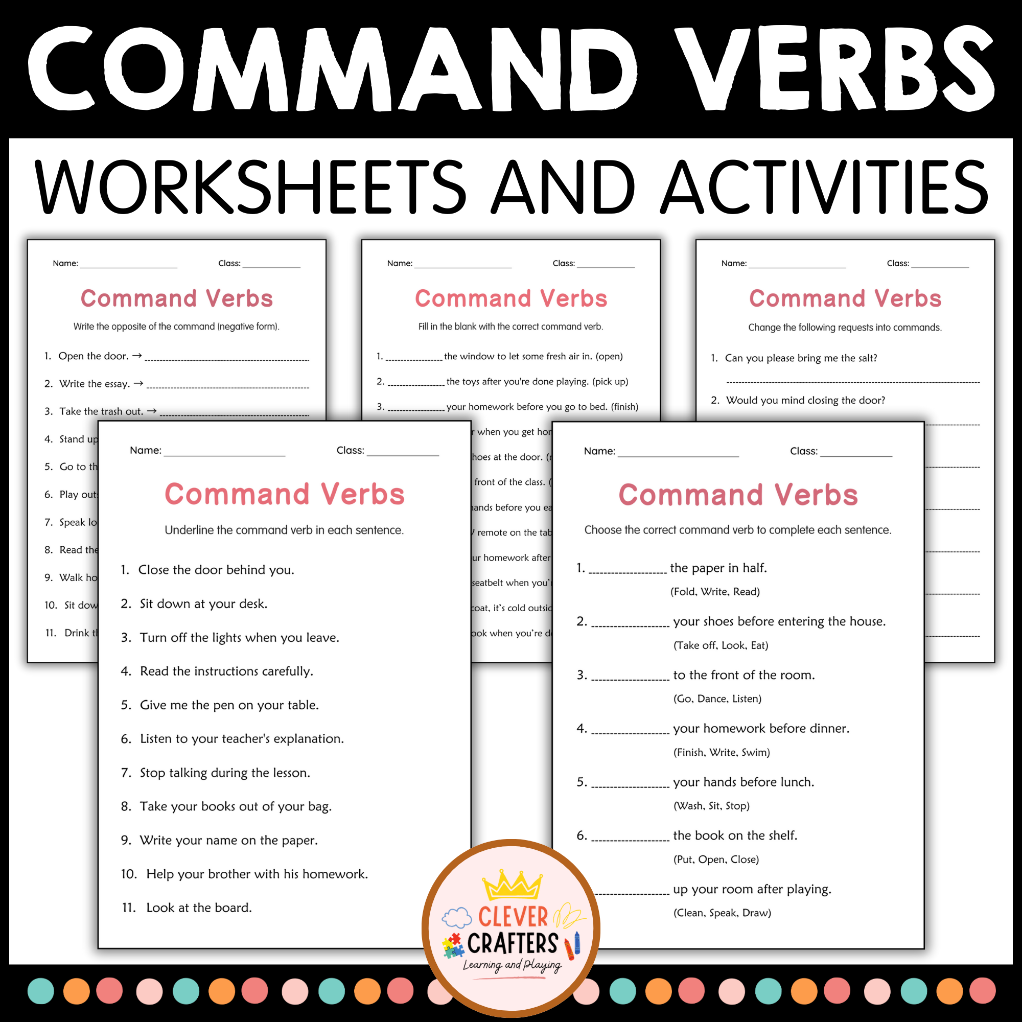 Imperatives Command Verbs Grammar Practice Activity Worksheet for Grade 1, 2, 3