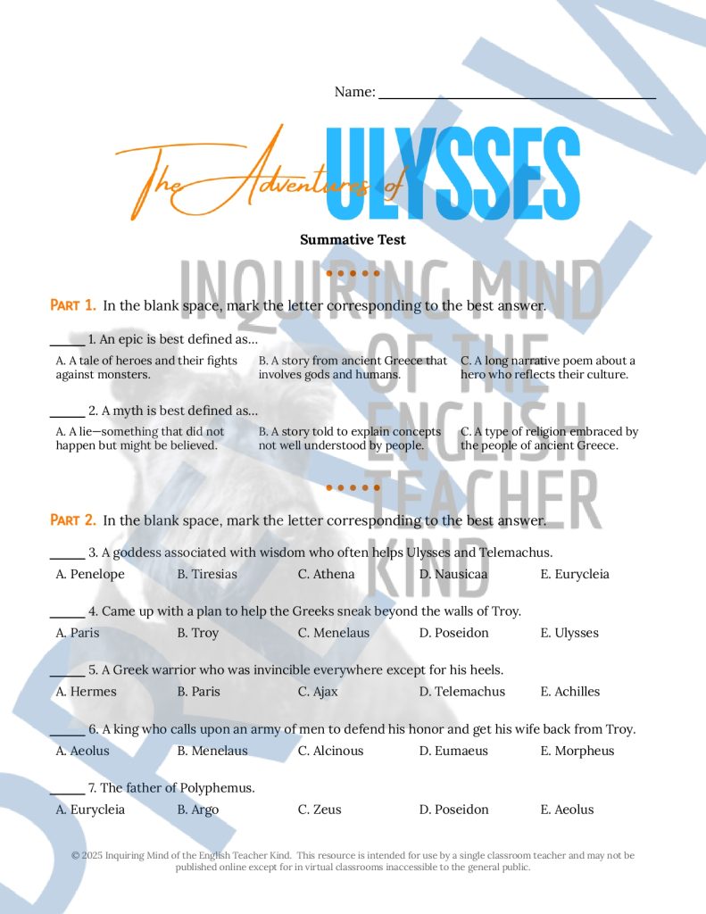 Adventures of Ulysses by Bernard Evslin Test and Answer Key - Made By ...