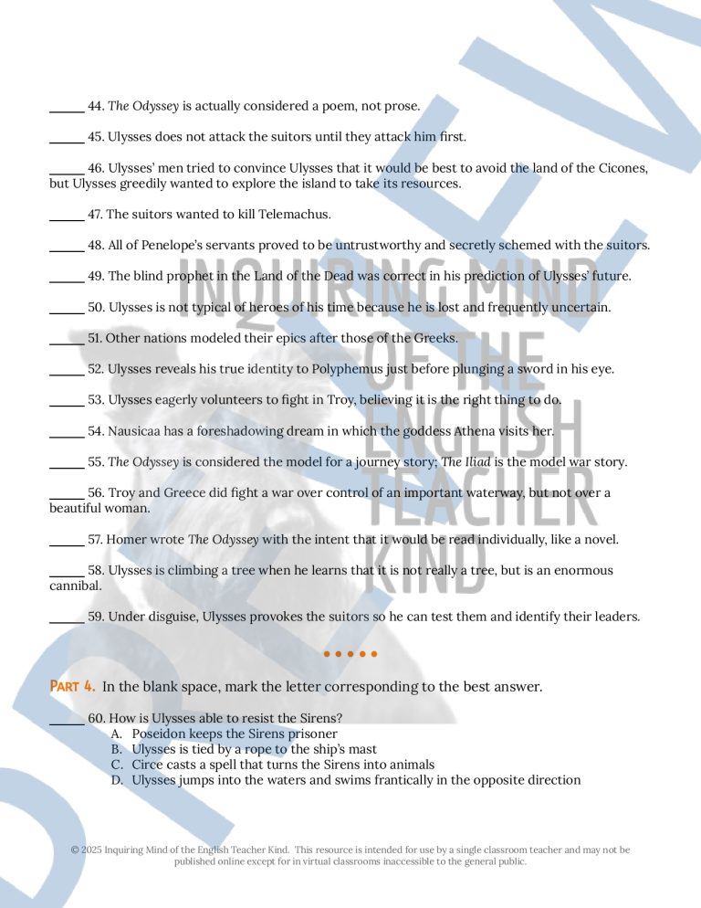 Adventures of Ulysses by Bernard Evslin Test and Answer Key - Made By ...