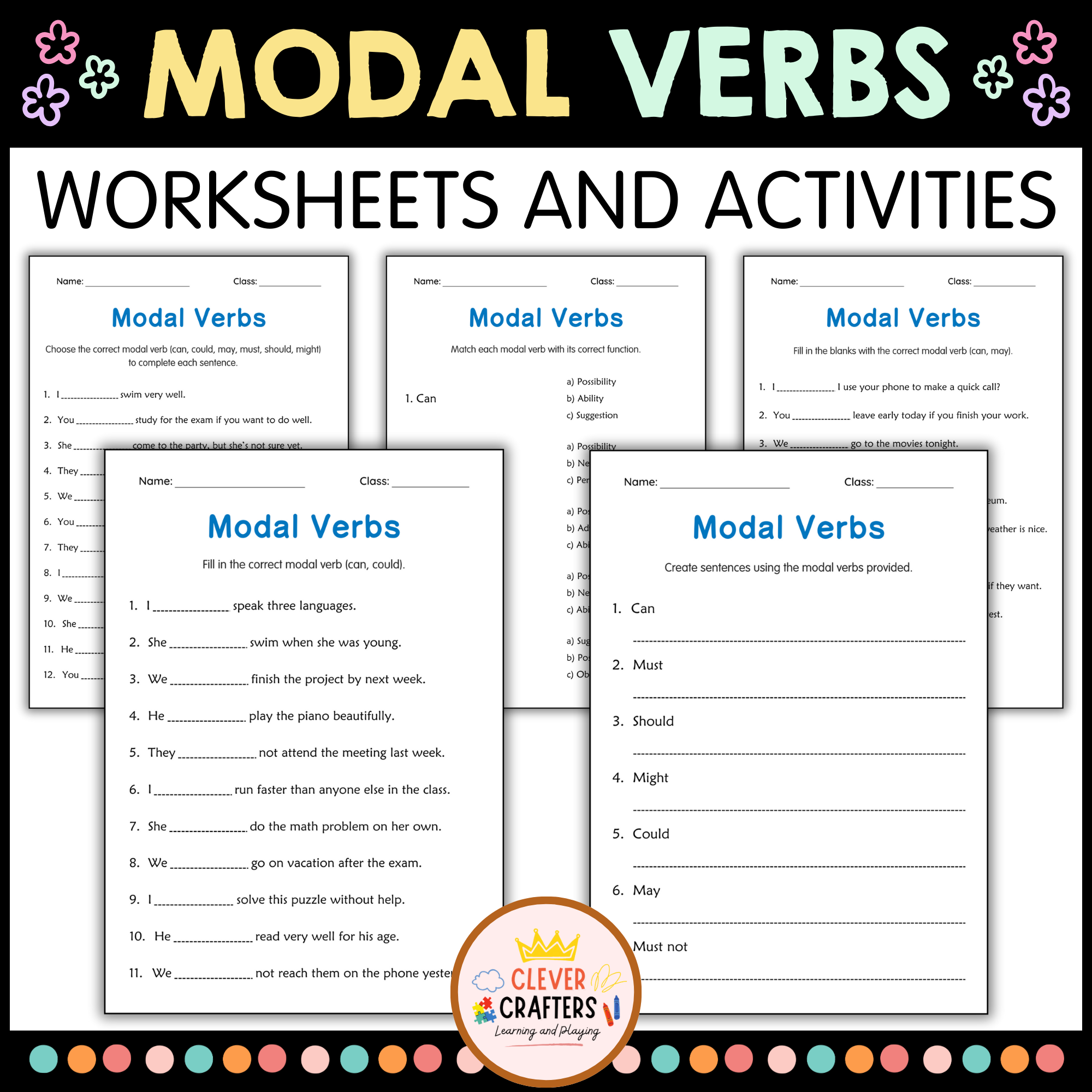 Modal Verbs Grammar Activities Worksheets for Grade 1, 2, 3