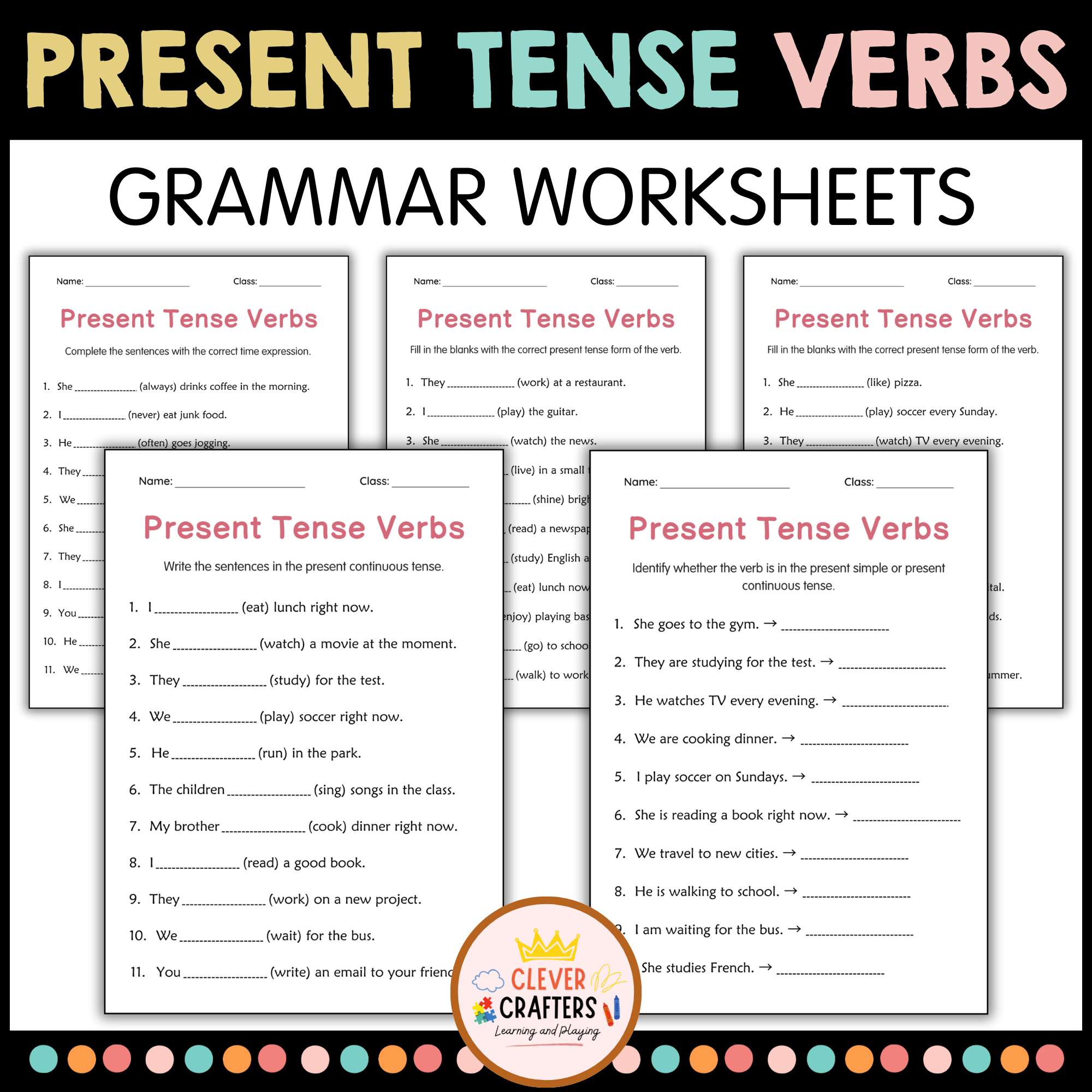 Printable Simple Present Tense Verbs Grammar Worksheets for Grade 2, 3, 4
