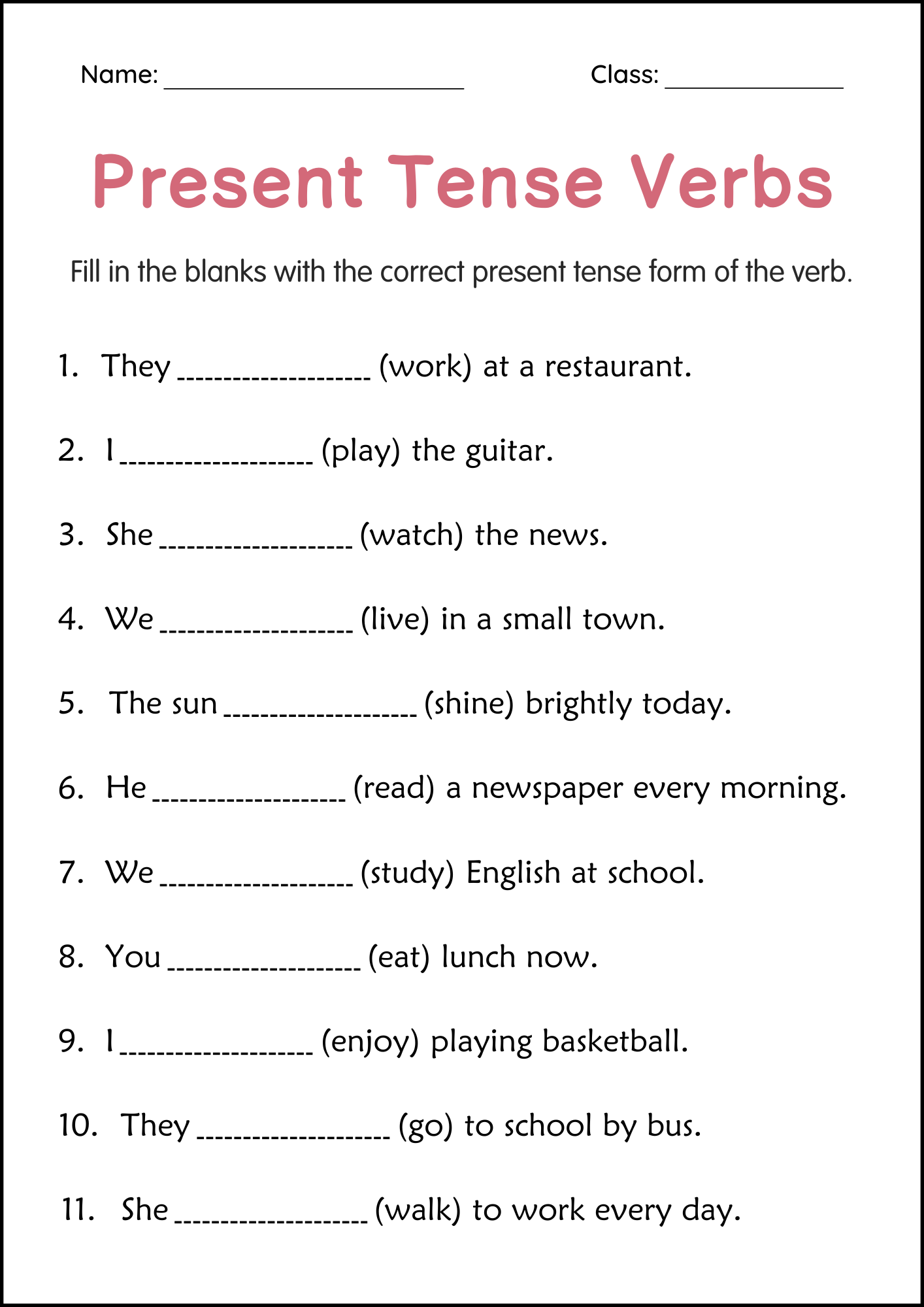 Printable Simple Present Tense Verbs Grammar Worksheets for Grade 2, 3 ...