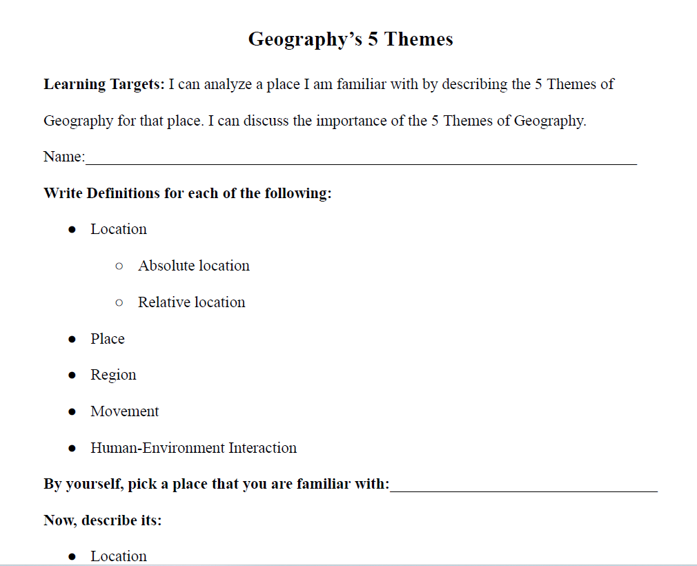 5 Themes of Geography Worksheet