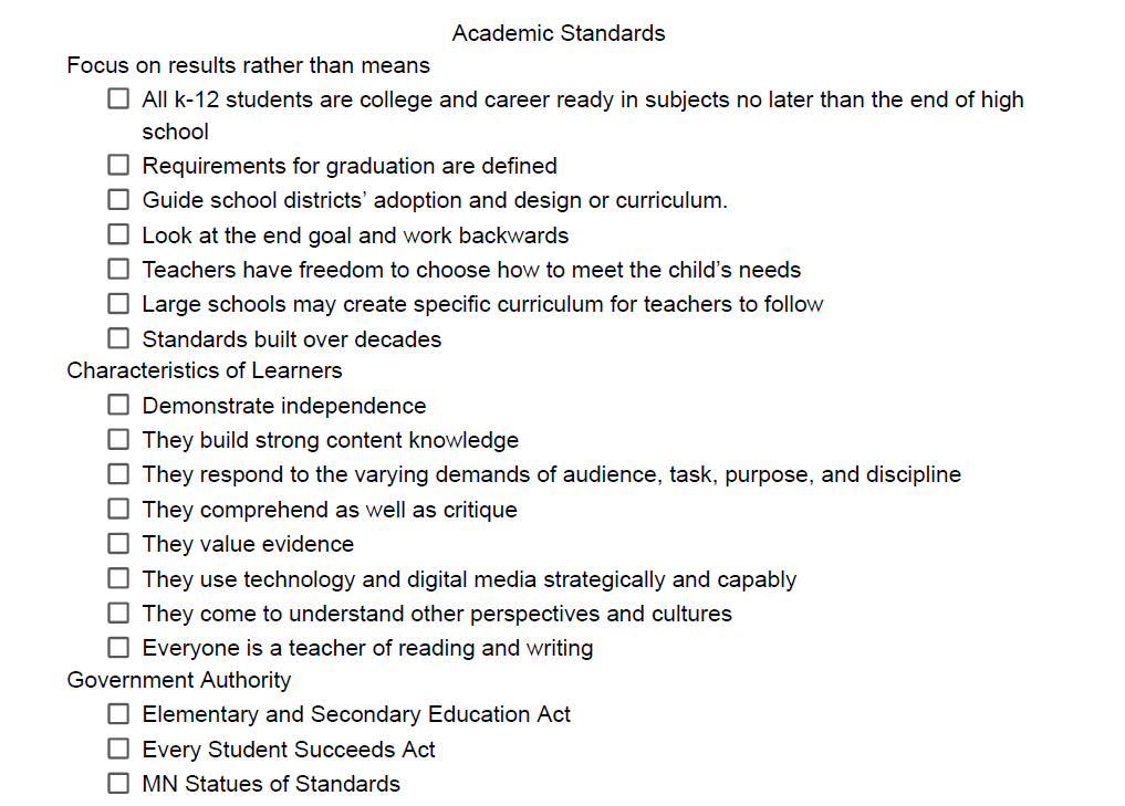 Academic Standards Notes