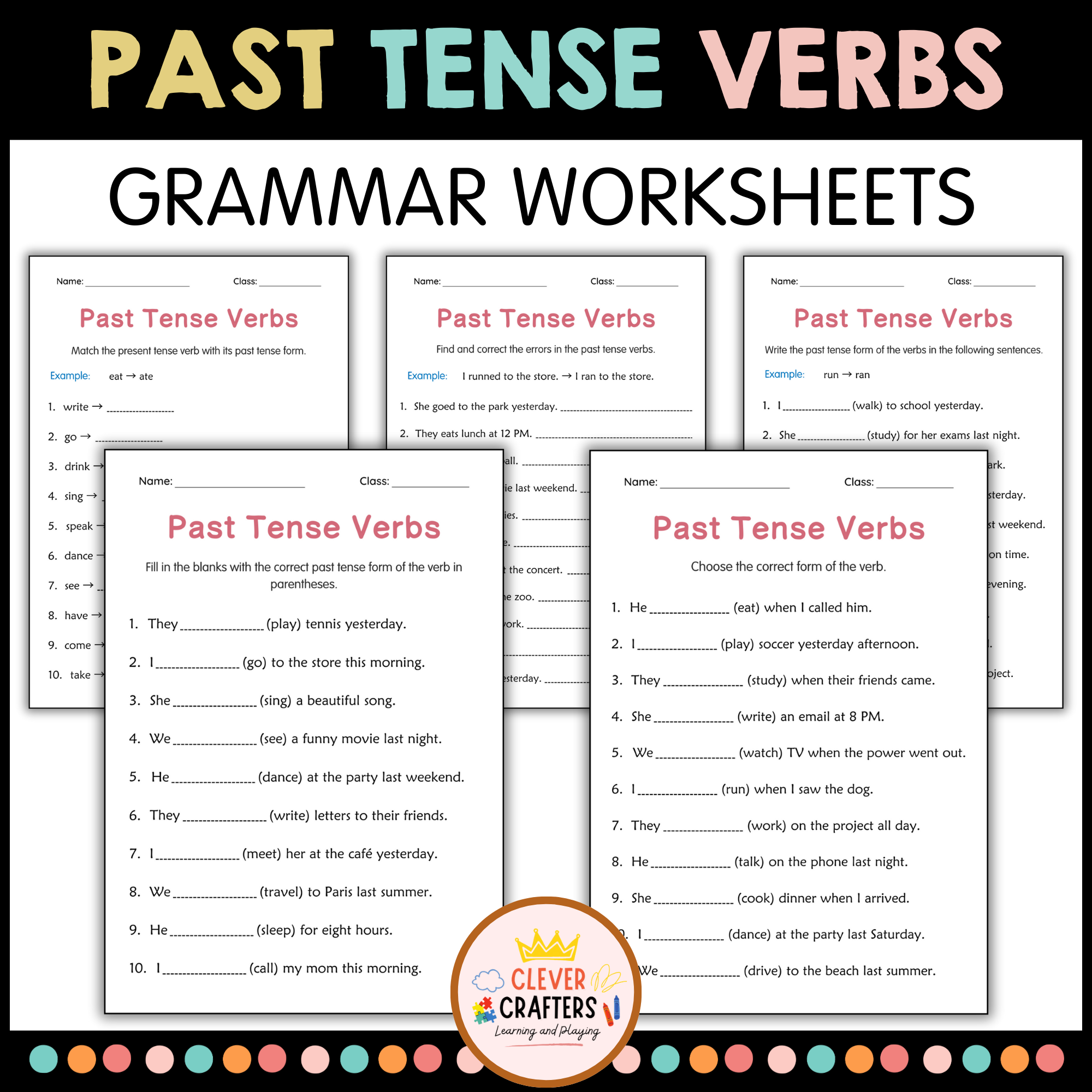 Printable Simple Past Tense Verbs Grammar Worksheets for Grade 2, 3, 4