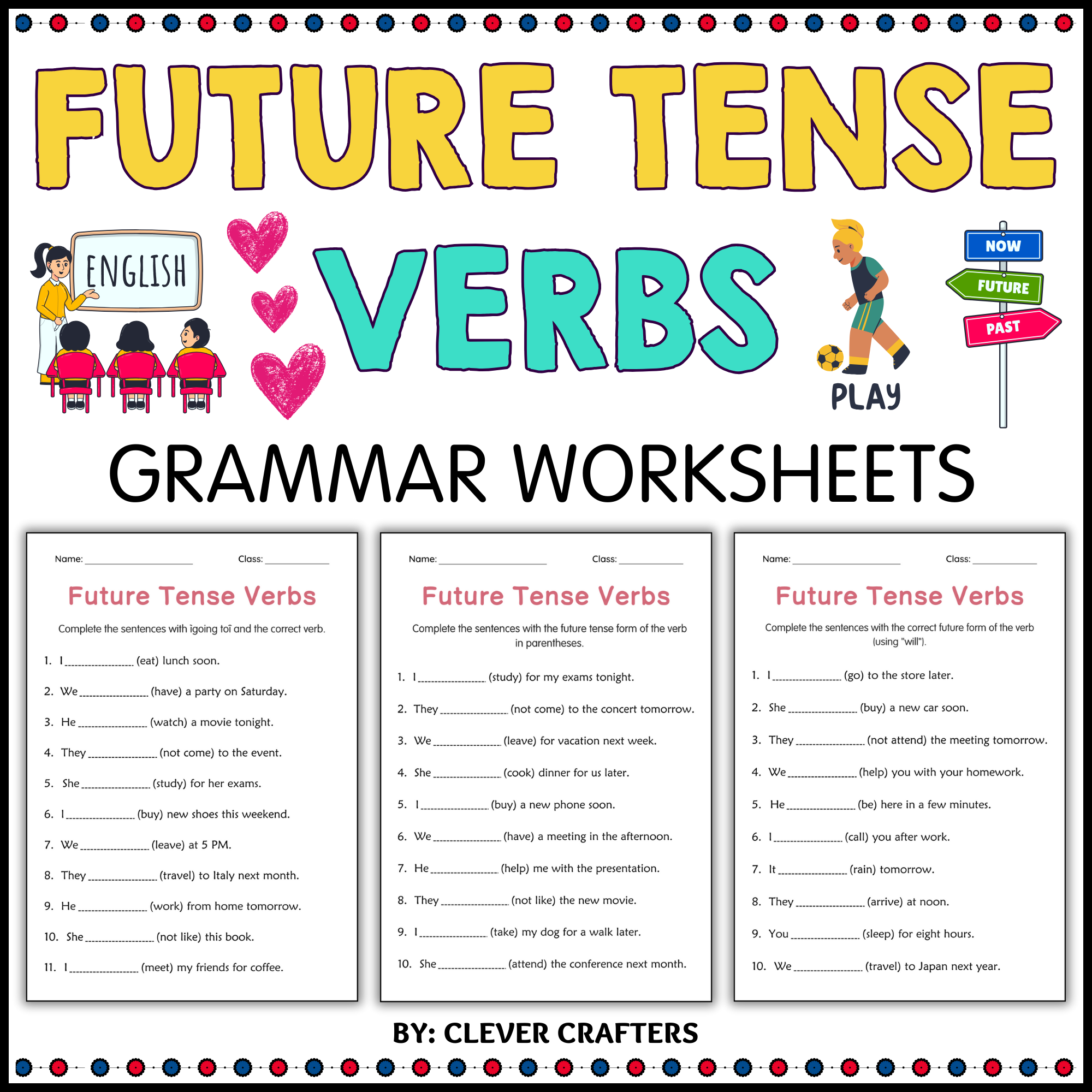 Printable Simple Future Tense Verbs Grammar Worksheets for Grade 2, 3, 4