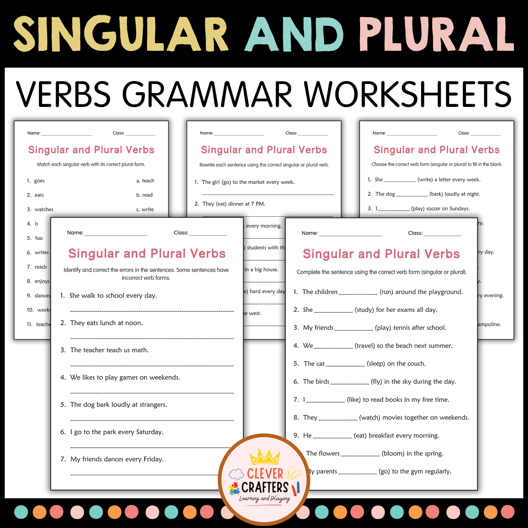 Subject Singular and Plural Verbs Grammar Worksheet for Grade 1, 2, 3
