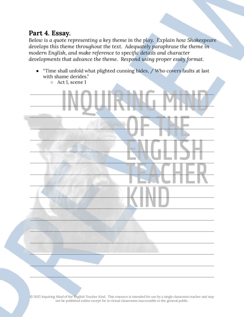 King Lear Test and Answer Key with Thematic Analysis Essay and Rubric ...