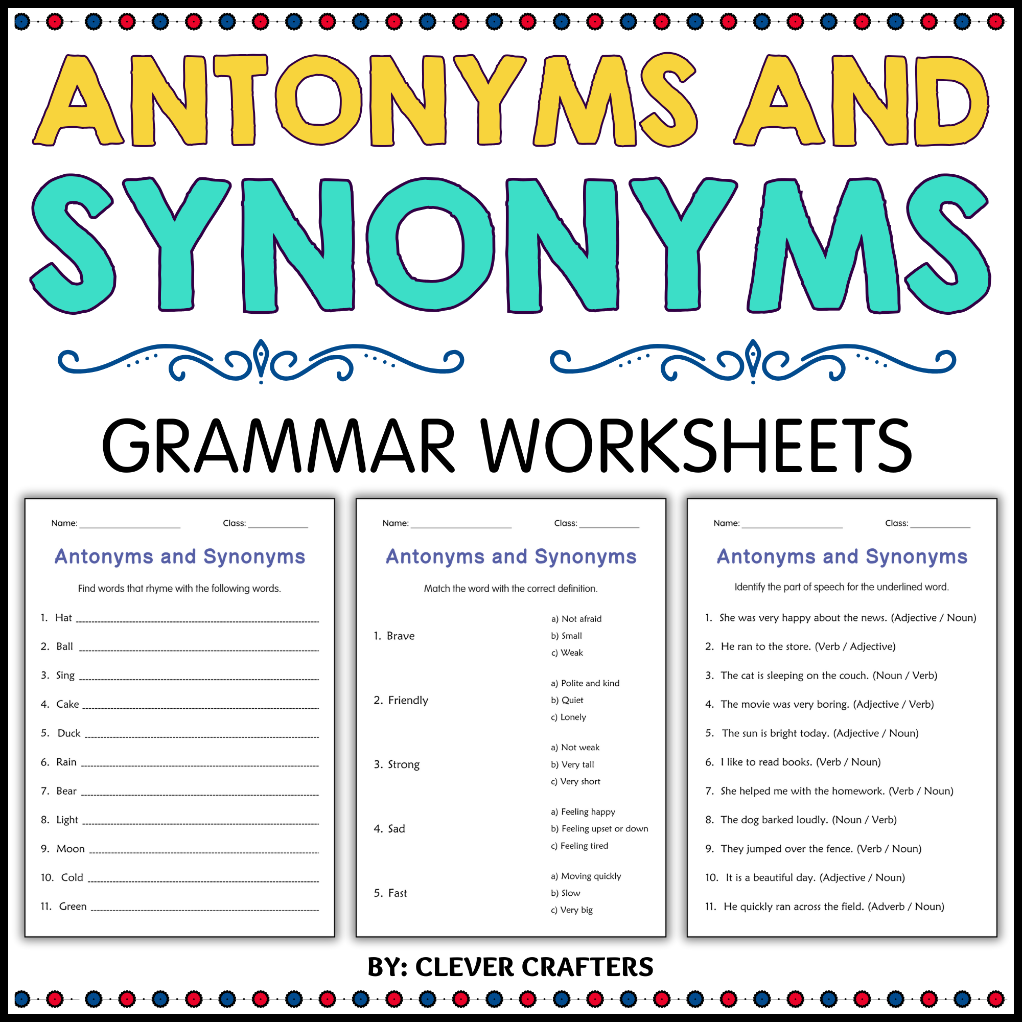 Printable Synonyms and Antonyms Grammar Worksheet for Grade 1, 2, 3
