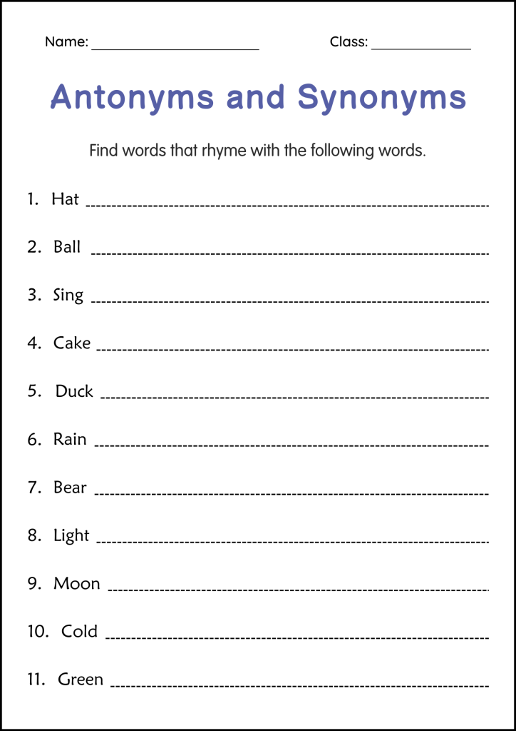 Printable Synonyms and Antonyms Grammar Worksheet for Grade 1, 2, 3 ...