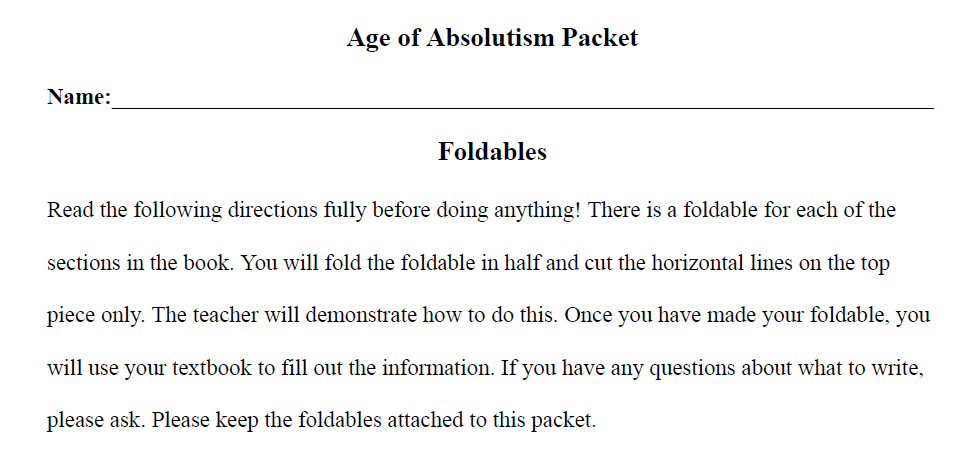 Age of Absolutism Foldables Packet