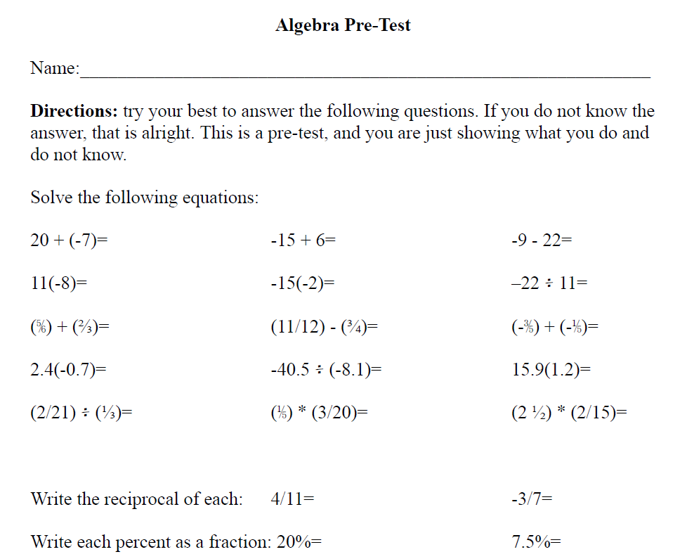 Algebra Introduction Pre-Test