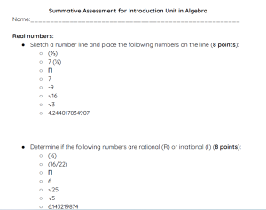 Algebra Introduction Unit Summative Assessment
