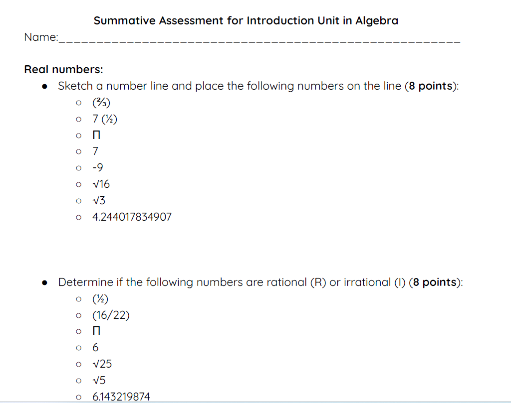 Algebra Introduction Unit Summative Assessment