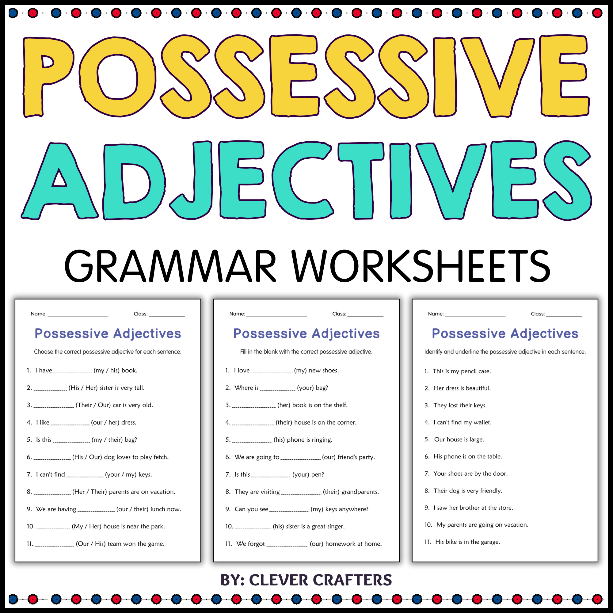 Possessive Adjectives Grammar Activity Worksheets for Grade 2, 3, 4