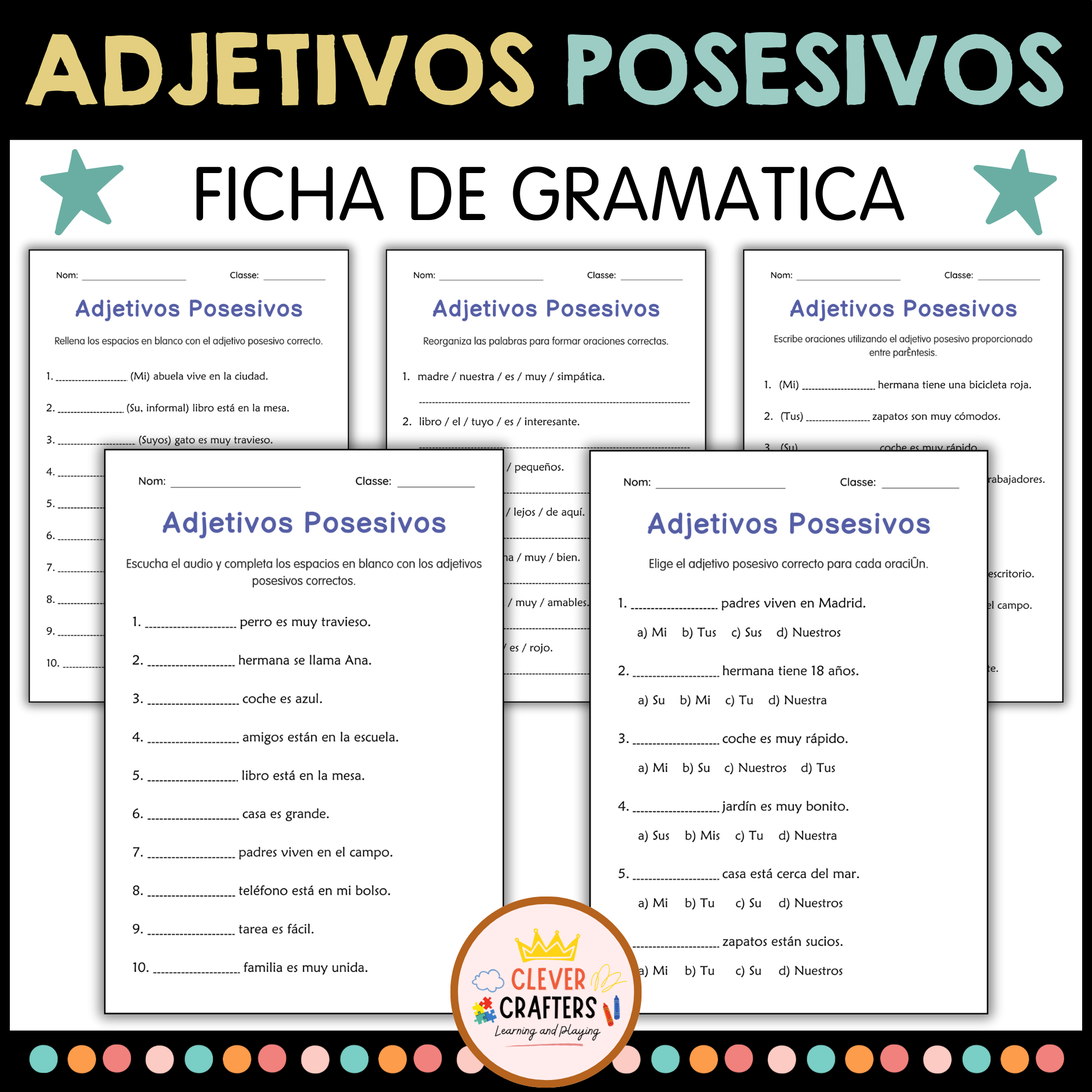 Hoja de Ejercicios de Adjetivos Posesivos - Possessive Adjectives in Spanish