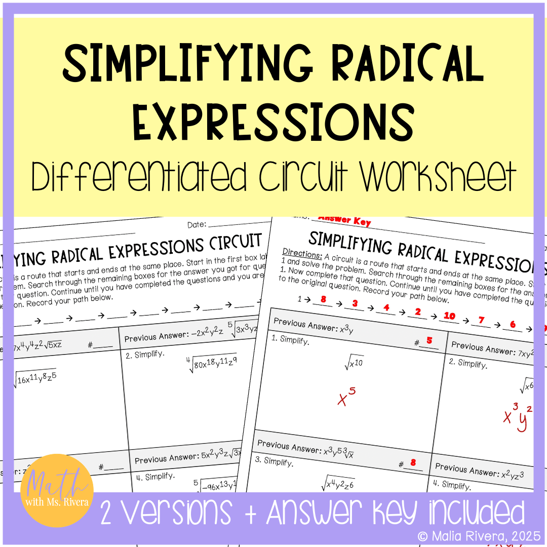 Simplifying Radical Expressions with Variables Differentiated Circuit Worksheet for Algebra 2
