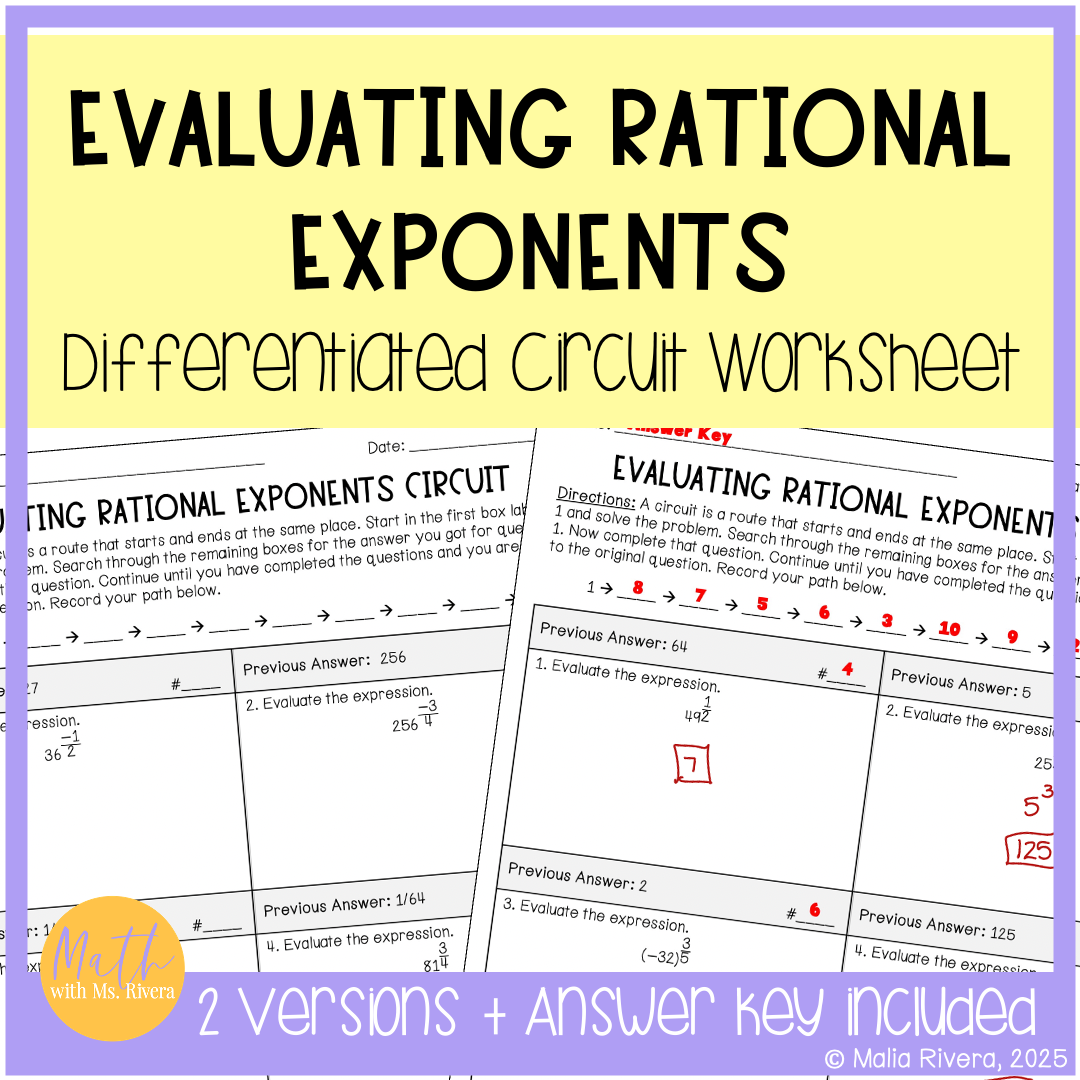 Evaluating Rational Exponent Expressions Differentiated Circuit Worksheet for Algebra 2