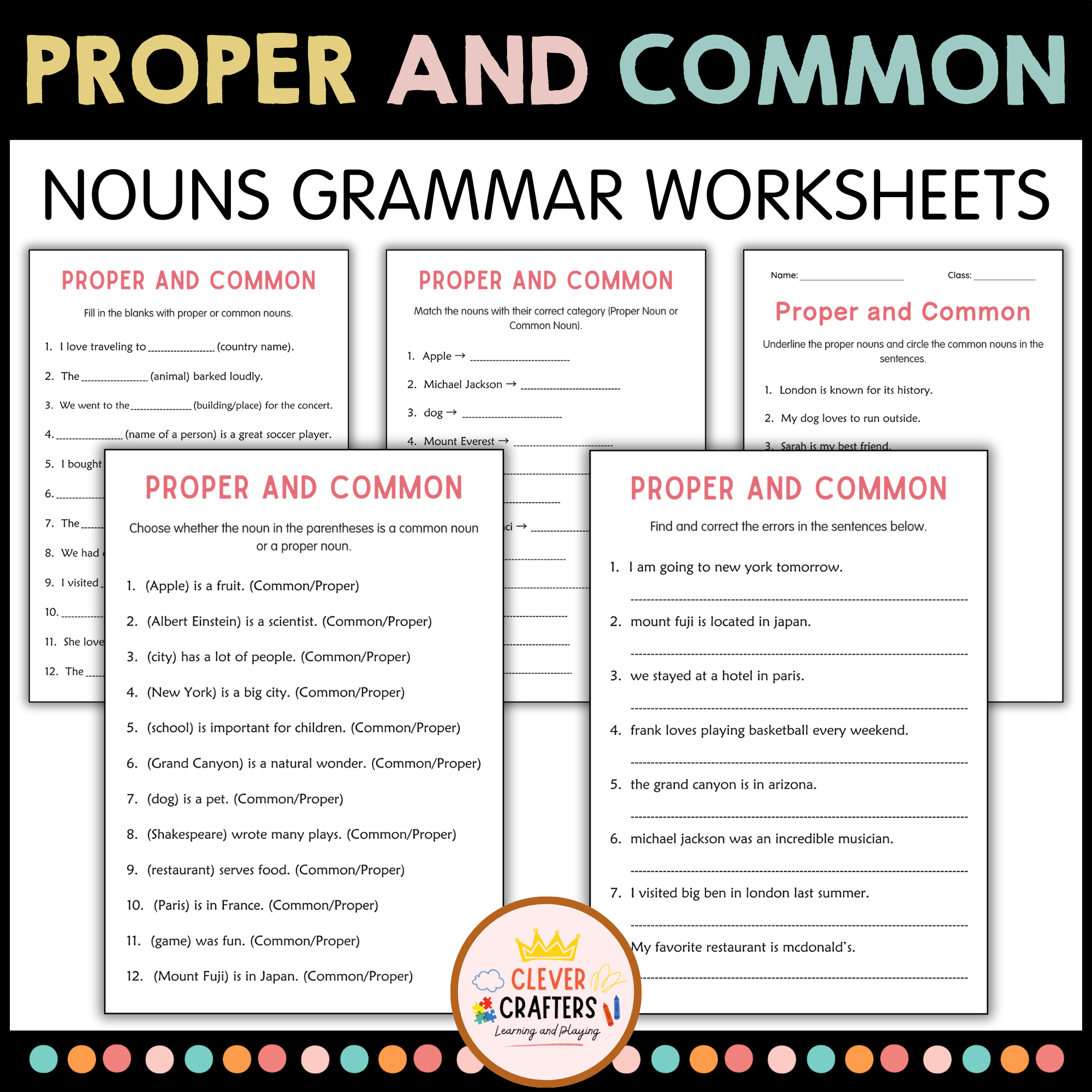 Proper Nouns and Common Nouns Grammar Practice Worksheets for Grade 1, 2, 3