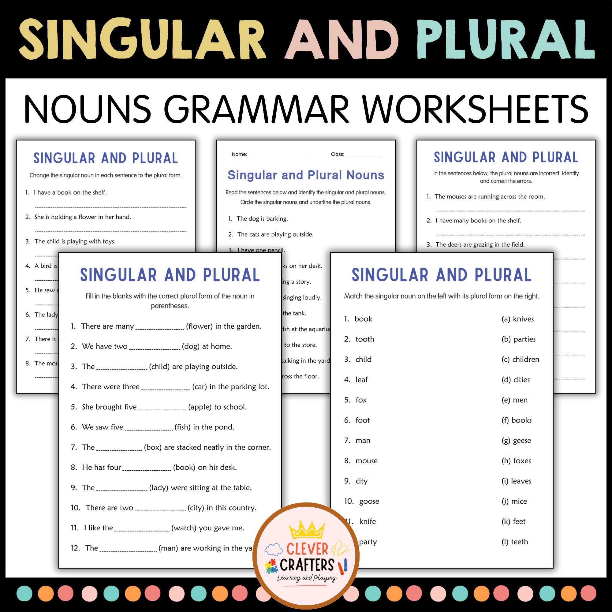 Printable Singular and Plural Nouns Grammar Worksheets for Grade 2, 3, 4