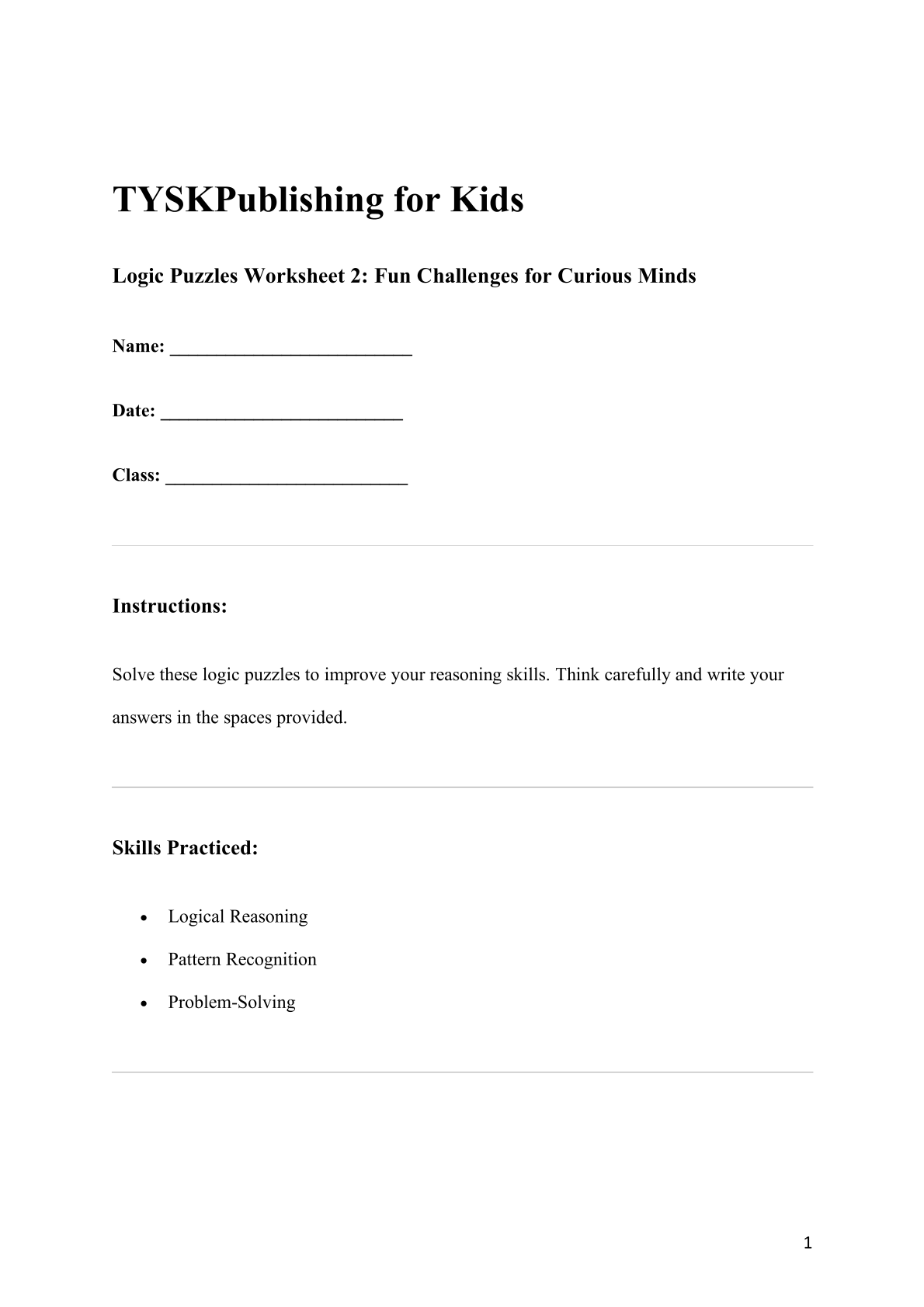 Logic Puzzles Worksheet 2: Fun Challenges for Curious Minds
